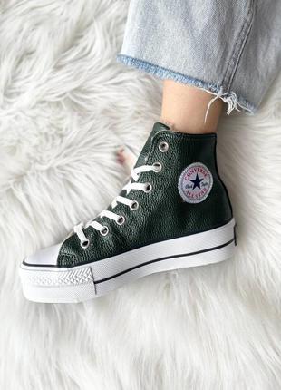 Женские зимние высокие кожаные зеленые кроссовки на меху converse all star high🆕7 фото