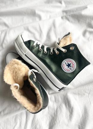 Женские зимние высокие кожаные зеленые кроссовки на меху converse all star high🆕2 фото