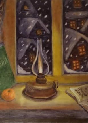 Новогодняя картина, сказочный вечер, масло, 40/50 см