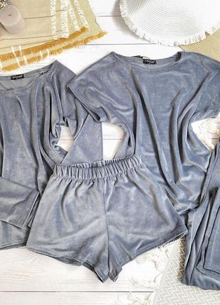Велюровый комплект четверка, пижама вельвет футболка, шорты, штаны, кофта, домашний костюм 4в1, піжама