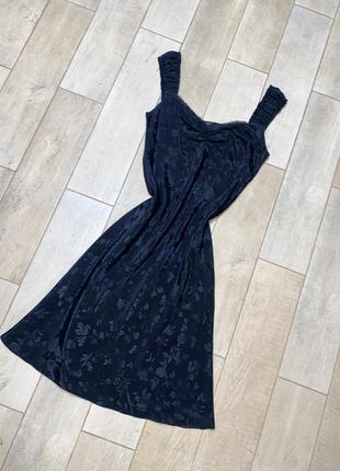 Чёрное сатиновое миди платье ,комбинация,слип платье,цветочный принт(27)