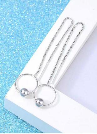Серьги протяжки серебро 925 покрытие сережки цепочки подвески кольцо с шариком3 фото