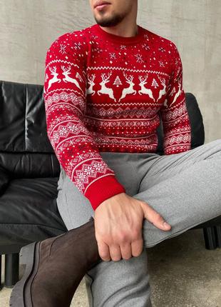 Чоловічий зимовий светр з оленями червоного кольору | зимовий светр чоловічий з оленями2 фото