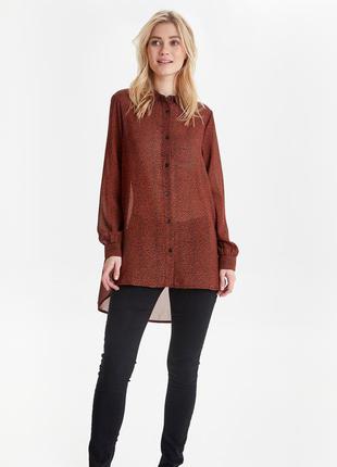 Блуза коричневая в анималистичный принт шифоновая удлиненная на пуговицах ichi2 фото