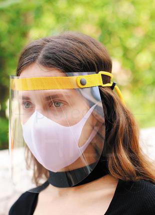 Защитный экран для лица с желтым тканевым фиксатором, защита лица от вируса
