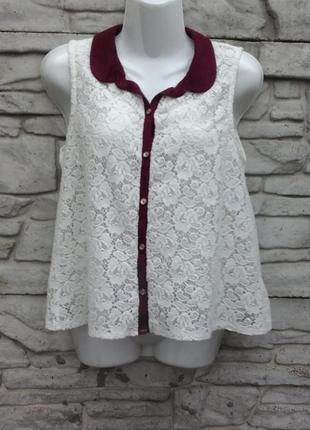 Розпродаж!!! ошатна, мереживна блузка білого кольору з бордовим коміром candy couture