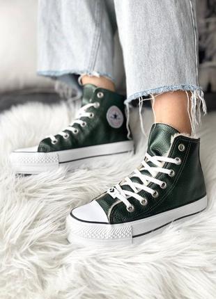 Прекрасные женские зимние высокие кеды converse all star high green fur зелёные хаки на меху