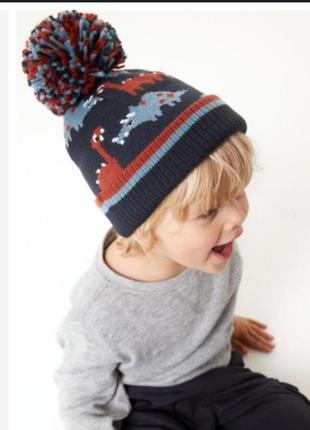 Зимняя шапка бини с помпоном для мальчика с динозаврами