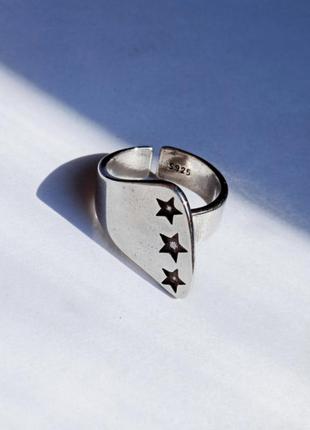 Стильное кольцо 3 звезды серебро посеребрение 925 проба регулируемое каблучка кільце