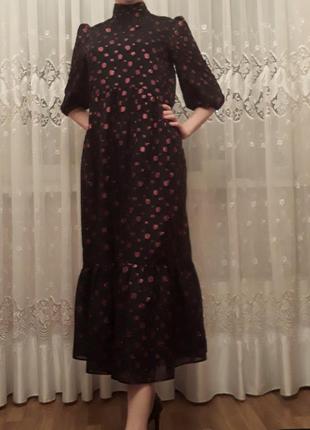 Платье zara макси черное в бордовый горох из люрекса1 фото