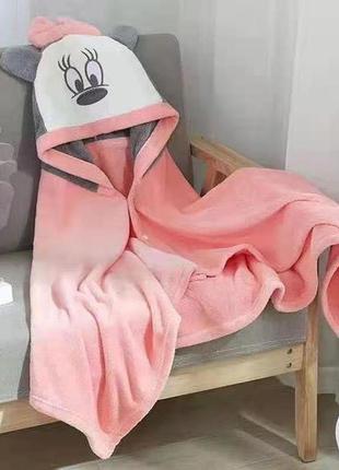 Дитячий рушник мікрофібра куточок з капюшоном халат пончо накидка плед для купання рожеве