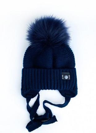 Комплект зимний,зимняя теплая шапка и хомут,снуд, шарф, синяя шапочка для мальчика с помпоном, на флисе,шерсть4 фото