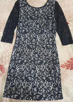 Платье гипюр черно- бежевое винтажное  весна-осень