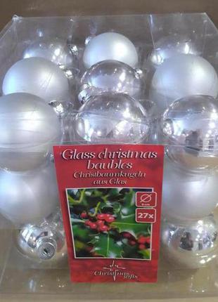 Набір скляних куль christmas gift d 6 см 27 шт асорті (матові та глянцеві) сріблясті1 фото