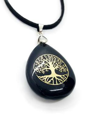 🌳🖤 кулон амулет "дерево життя" на шнурку натуральний камінь чорний агат1 фото