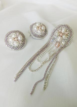 Асиметричні сережки з страз білого кольору, перлинні весільні сережки, моно сережка 11 см, сет з тр1 фото
