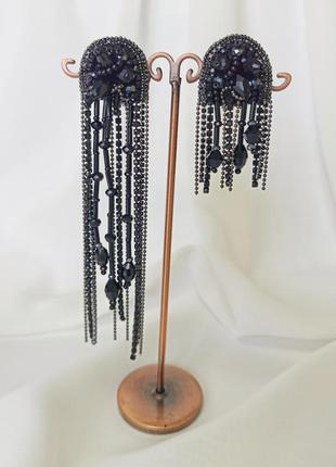Асиметричні сережки з страз чорного кольору, вечірні сережки, моно сережка 12 см, сет із трьох сережок2 фото