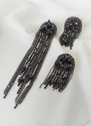 Асиметричні сережки з страз чорного кольору, вечірні сережки, моно сережка 12 см, сет із трьох сережок5 фото