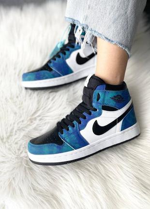 Круті жіночі високі кросівки nike air jordan 1 retro mid tie dye сині унісекс 36-45 р