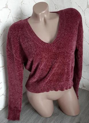Свитер пуловер бордовый/вишневый из синелевой пряжи,46 р.1 фото