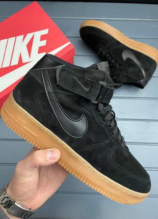 Зимние кроссовки с мехом nike air force замша black/gum jordan ейр форс джордан зима мех хутро найки