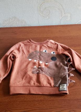 F&f свитер кофта толстовка с начесом мальчику 12-18м 1-1.5г 80-86см с динозавром коричневая