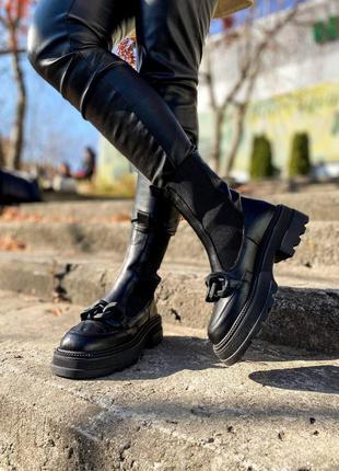 Женский высокие ботинки челси черные кожаные, сапоги зимние внутри мех7 фото