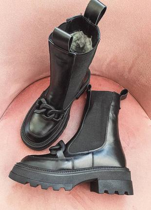 Женский высокие ботинки челси черные кожаные, сапоги зимние внутри мех4 фото