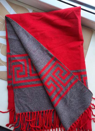 Вовняний великий шарф червоний сірий двосторонній
