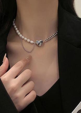 Цепь ожерелье жемчуг подвеска сердце украшение на шею жемчужное3 фото
