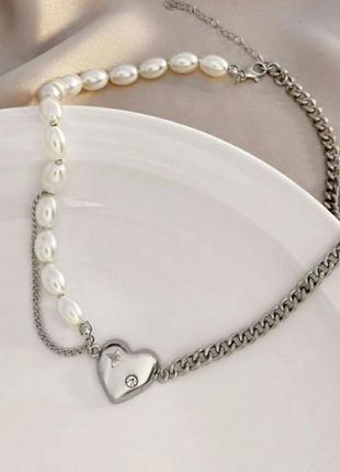 Цепь ожерелье жемчуг подвеска сердце украшение на шею жемчужное4 фото