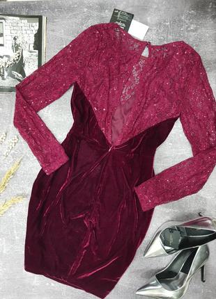 Нарядное вечернее коктельное платье мини  бархат вельвет крудево винный бордовый марсала nelly nly trend9 фото