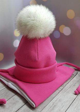 Зимний комплект шапка с натуральным бубоном, хомут и рукавички2 фото