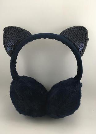 Хутряні навушники з вушками в пйаетки сині