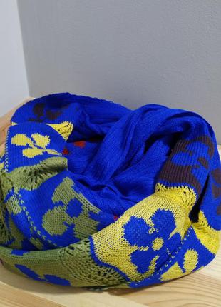 Новий вовняний шарф довгий теплий синій шарф шаль шерсть квітковий принт2 фото