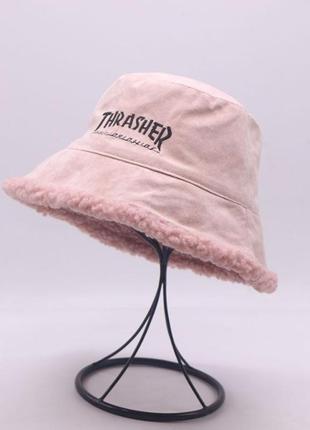 Зимняя панама меховая на овчине thrasher плюшевая розовая