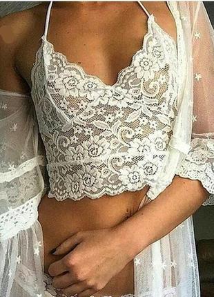 Витончений білий мереживний молочний комплект жіночої нижньої еротичного білизни рубі з топом на лямках