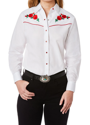 Жіноча біла сорочка з довгим рукавом з вишивкою червоної троянди бавовна2 фото