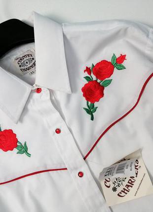 Жіноча біла сорочка з довгим рукавом з вишивкою червоної троянди бавовна4 фото