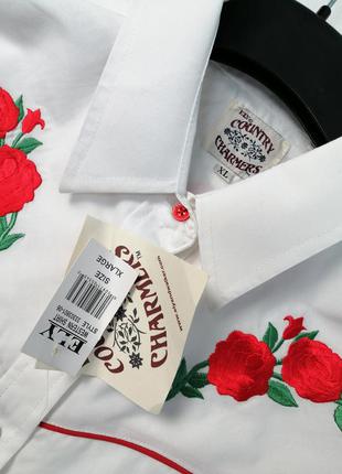Жіноча біла сорочка з довгим рукавом з вишивкою червоної троянди бавовна7 фото