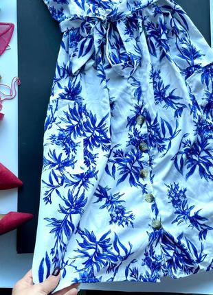 👗роскошный бело-синий сарафан миди с цветами под пояс/сарафан в цветок с рюшами на пуговицах👗5 фото