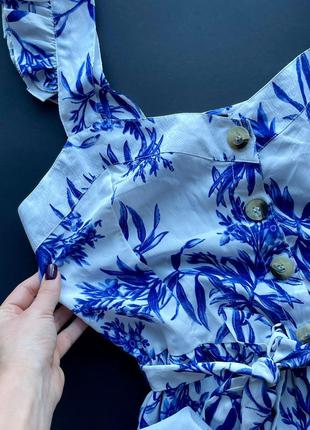 👗роскошный бело-синий сарафан миди с цветами под пояс/сарафан в цветок с рюшами на пуговицах👗10 фото