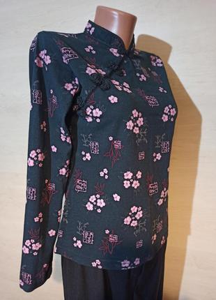 Трикотажная хлопковая блуза   в  китайском стиле в цветочный принт  blanche porte3 фото