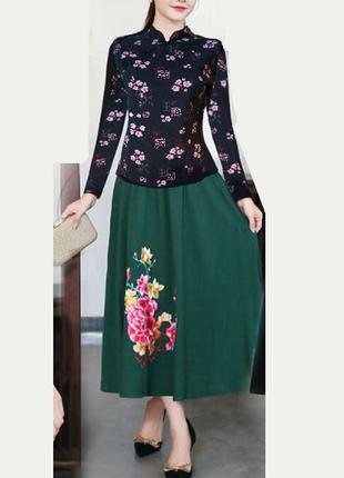 Трикотажна бавовняна блуза в китайському стилі у квітковий принт blanche porte