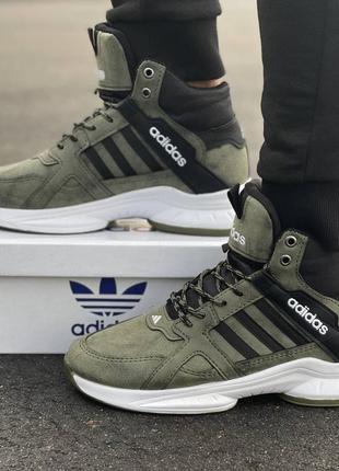 Мужские высокие кожаные термо кроссовки осень-зима (до -10) зеленые adidas🆕  адидас3 фото