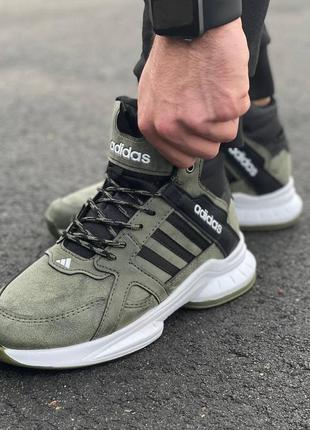 Мужские высокие кожаные термо кроссовки осень-зима (до -10) зеленые adidas🆕  адидас5 фото