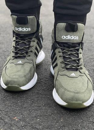 Мужские высокие кожаные термо кроссовки осень-зима (до -10) зеленые adidas🆕  адидас6 фото