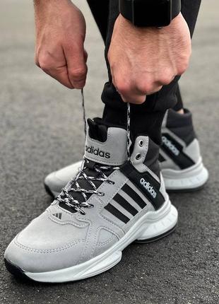 Мужские высокие кожаные  серые термо кроссовки осень-зима (до -10) adidas🆕  теплые адидас