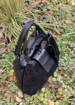 Стильна шкіряна замшева чорна сумка на 2 відділення6 фото