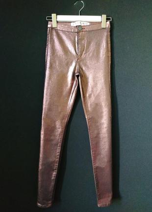 Леггинсы джинсы с высокой посадкой металлический розовый цвет розовое золото скинни2 фото